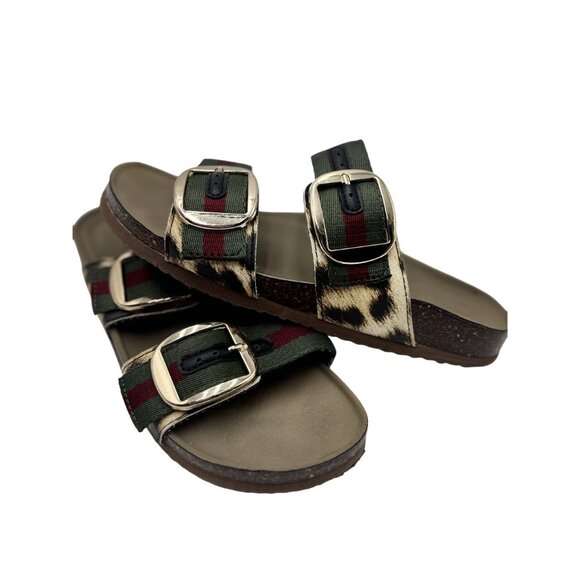 Madden Girl Womens Size 6/7 Strap Buckle Slides Leopard Print Green Red Strap - Picture 6 of 11
